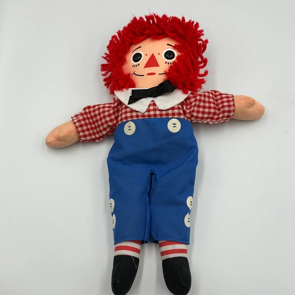 Vintage Raggedy Andy 12 Inch Plush Cloth Doll Red Yarn Hair Gingham Shirt Blue